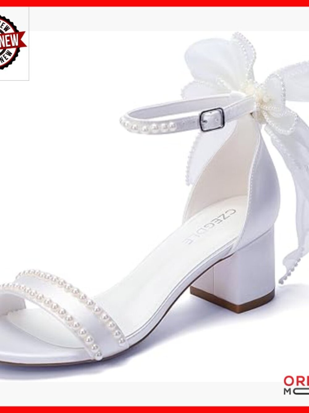 Pearl Embellished Bridal Sandals with Bow Ankle Strap Block Heel
